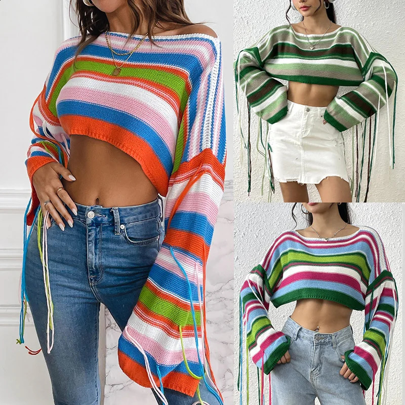 Trendy Rainbow Striped Tassel Knit Sweater - Sexy Crop Top 240821