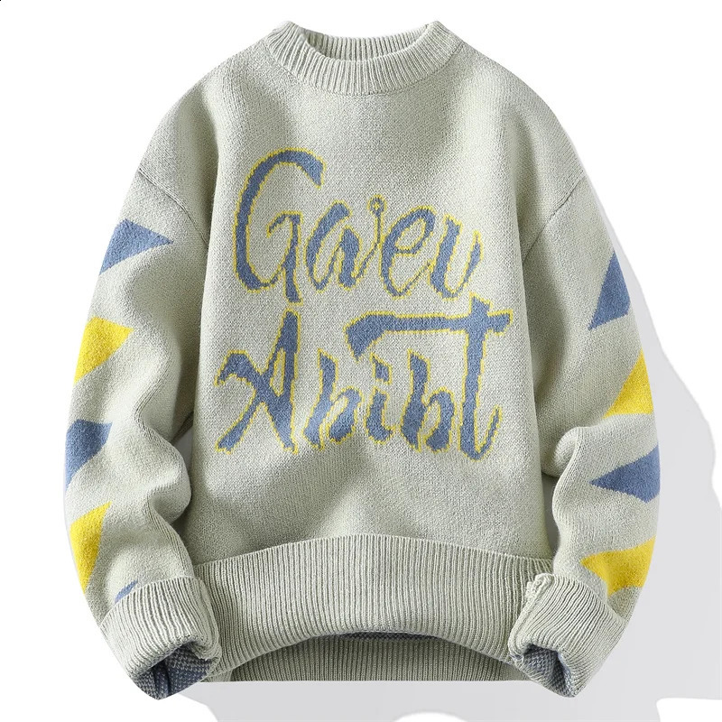 Sweater mens knitted letter printed sweater wool latte art retro color block top 240821