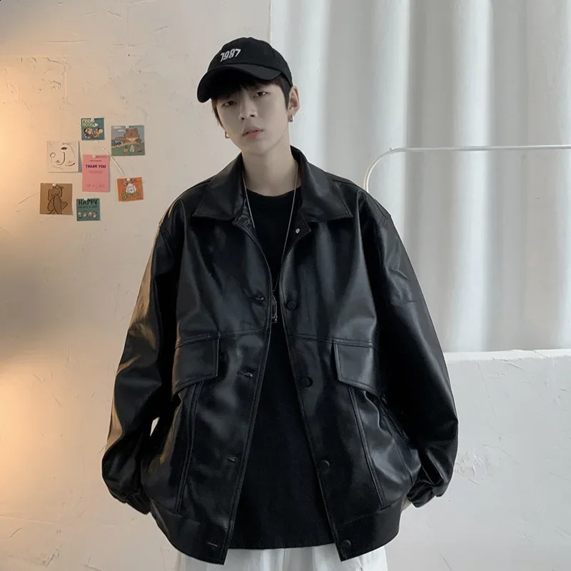 Trendy Korean Style Loose Fit Vintage Pilot Jacket For Men Casual Spring Autumn Leather Clothing Fashion Outerwear 240822