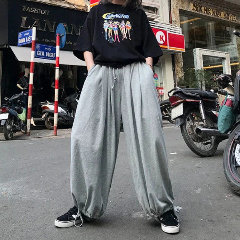 Deeptown Harajuku Oversized Sports Sweatpants Woman Jogging Baggy Wide Leg Pants Japan Korean Style Jogger Casual Gray Trousers 240822