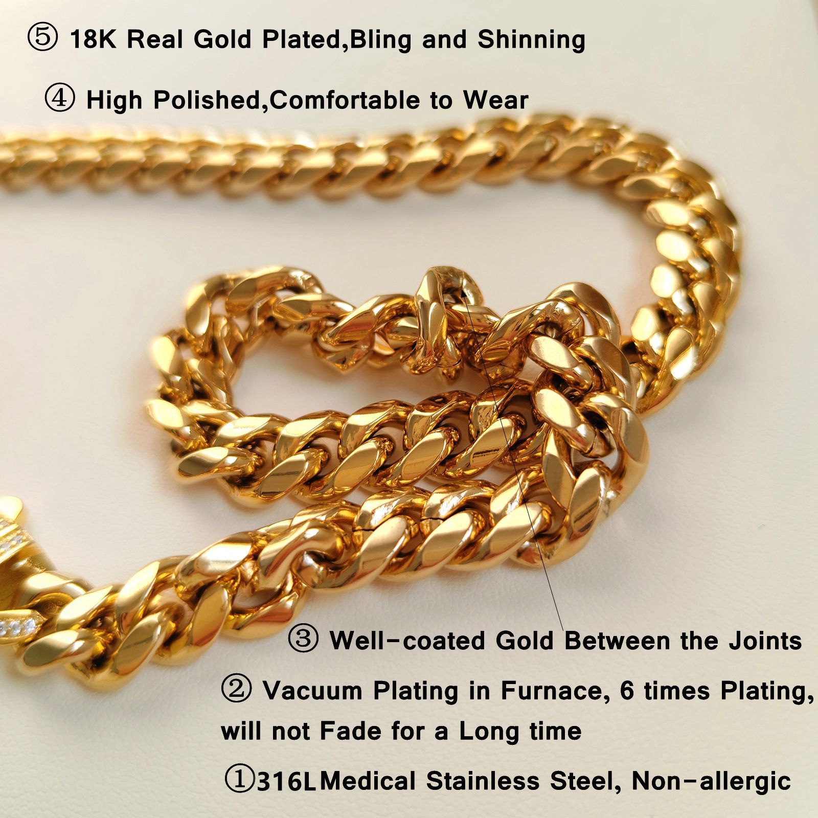 10mm-14mm Hip Hop Solid Stainless Steel Miami Cuban Chain Necklace Real Gold Plated Mens Jewelry