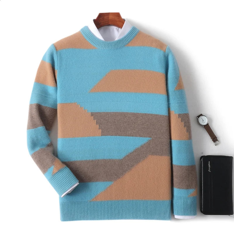 Autumn Winter Thick Cashmere Sweater Mens Round Neck Knitted Pullover 100% Merino Wool Contrasting Striped Mens Clothing 240821