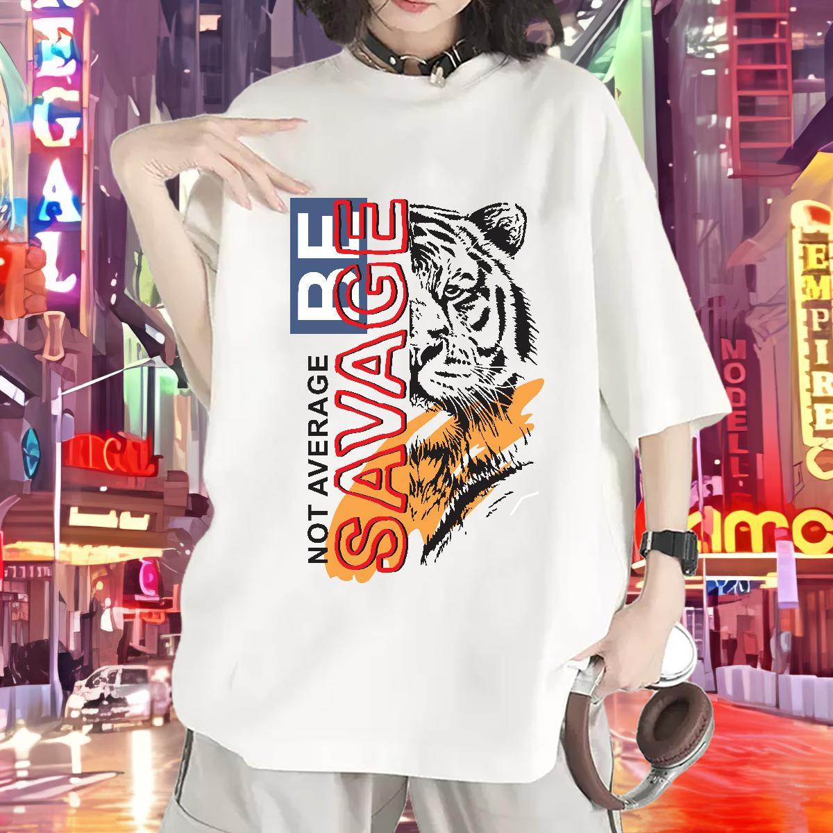 Casual New T Shirt For Woman Crew Neck 230g 100% Cotton Women Tees Oversized tiger Spring Summer Nice Tops Tees