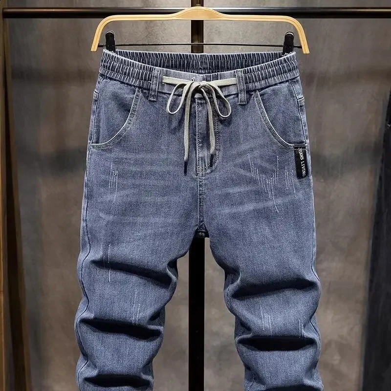 2024 Mens Elastic Waist Jeans Straight Legs Spring and Autumn Summer Stretching Slim Smooth Silhouette Pants 240822