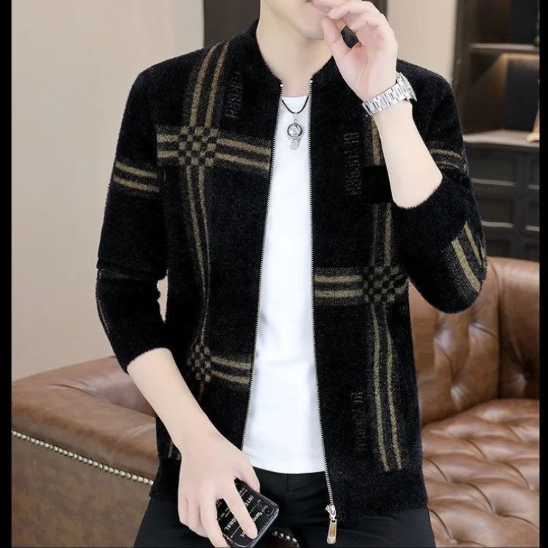 Mens Clothing Temperament Versatile Autumn and Winter Korean Version Fashion Zipper Print Round Neck Long Sleeve Sweater 240821