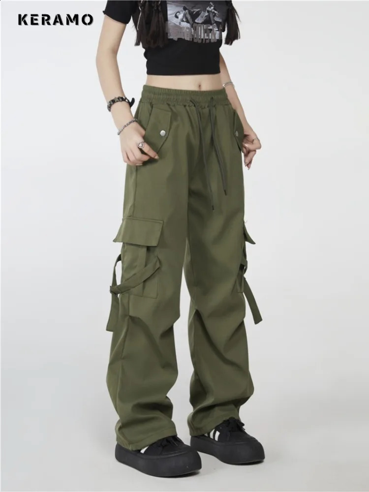 Womens High Street Casual Overalls Solid Green Loose Wide Leg Pants American Retro Elastic Waist Y2k Drawstring Cargo Pants 240821