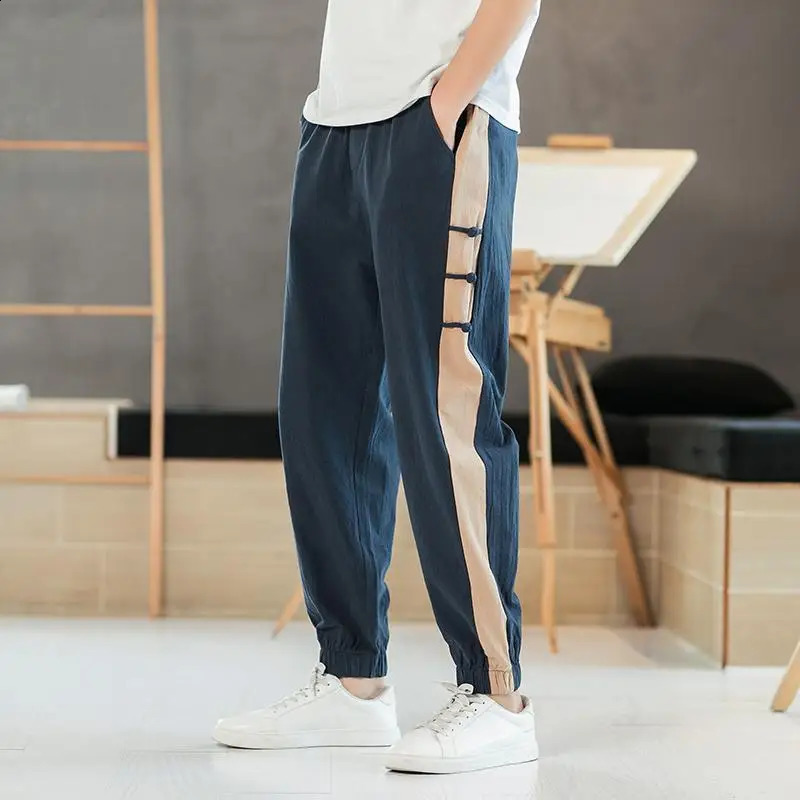 Summer Loose Breathable Chinese Style Cotton Linen Casual Haren Pants Mens Patchwork Pockets Straight Vintage Sports Trousers 240822