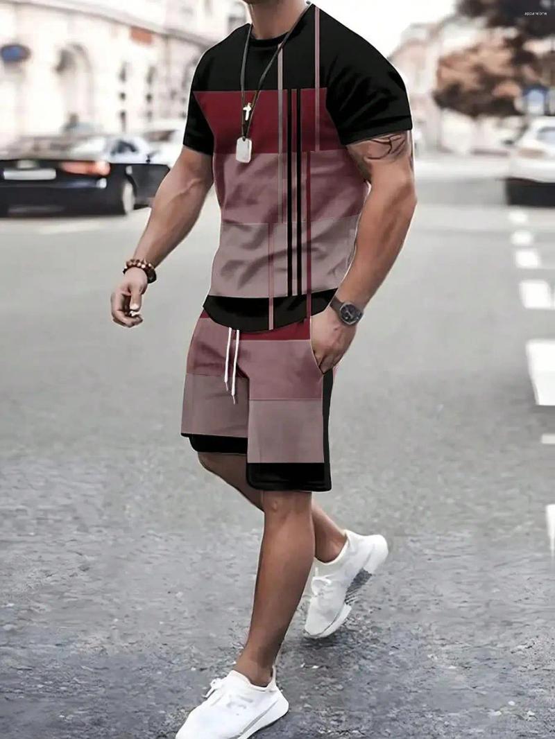 Men's Tracksuits Men Color Block Round Neck Short Sleeve T-Shirt And Drawstring Waist Shorts Casual Set For Summer Retro Style Clothing