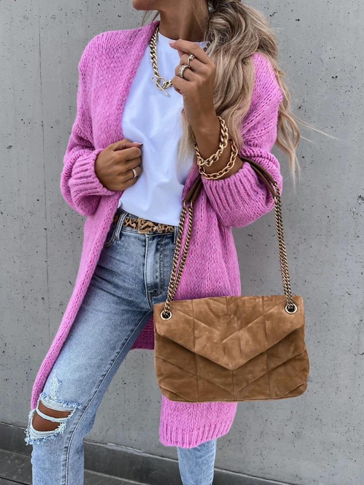 Vneck long sleeved patched work sweater womens solid loose coat for autumn and winter casual elegant Maxi cardigan 240821