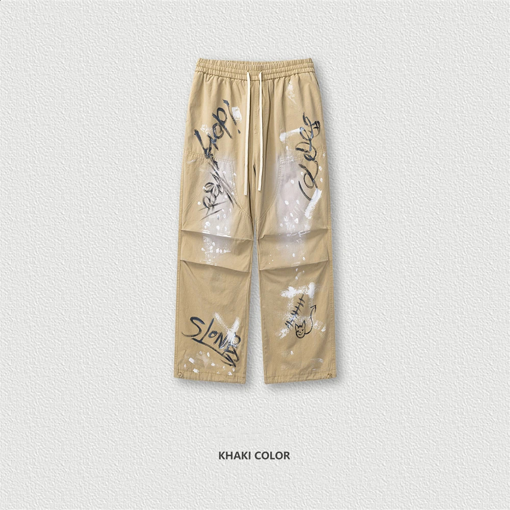 ZODF Fashion Spring Summer Mens 270gsm Cotton Cargo Pants Unisex Casual Wash Paint Graffiti Loose Knee Trousers HY0848 240821