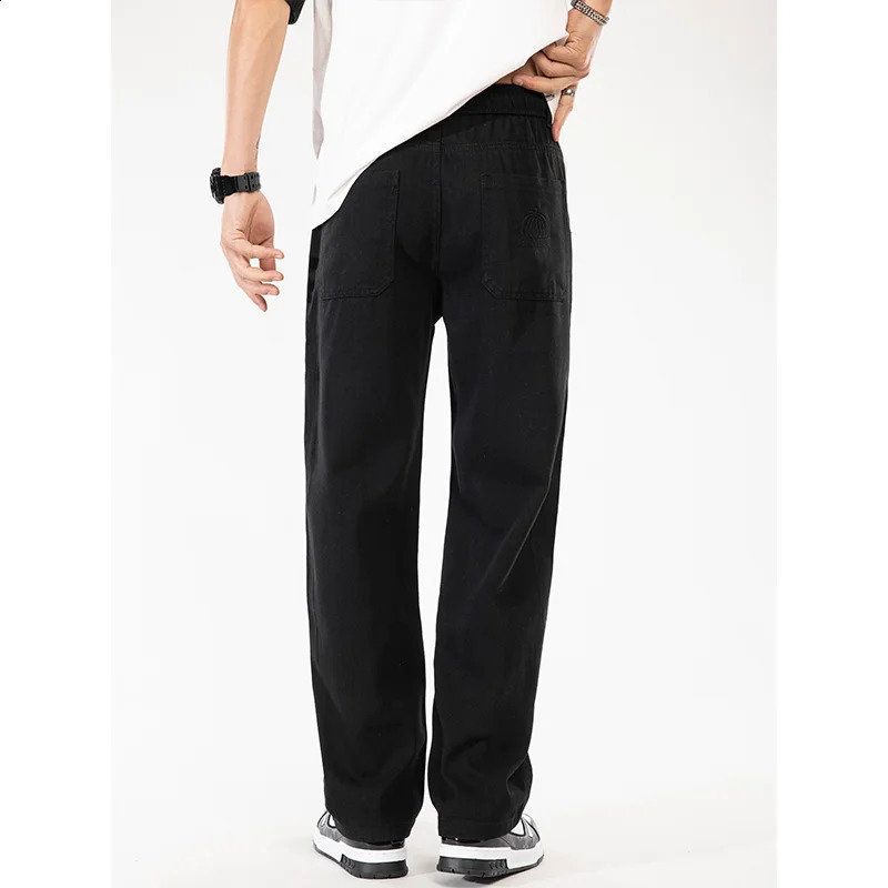 2024 Korean Fashion Mens Baggy Jeans Elastic Waist Classic olid Color Straight-leg Denim Wide-leg Casual Drawstring Pants Male 240821