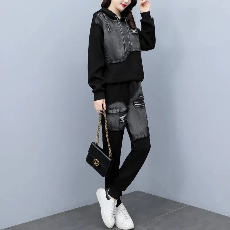 Sportswear Set Women Spring and Autumn Fashion and Westernization Casual Slim Denim Sweatershirt Two Piece Suits Female 240813