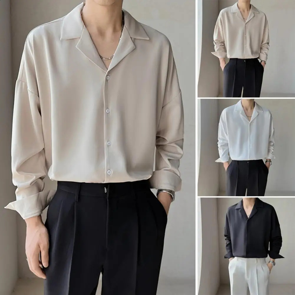 Men Loose Fit Shirt Men Business Shirt Mens Loose Fit V Neck Business Shirt with Long Sleeves Solid Color Formal for Spring 240822