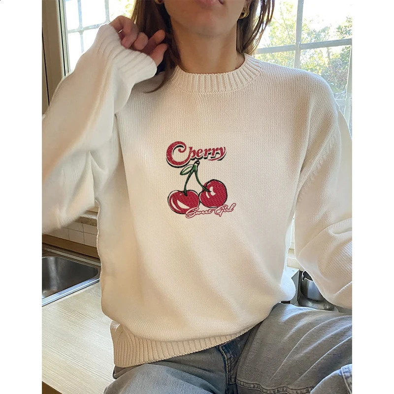 2024 Autumn Women Casual Sweater Cherry Pattern Cute Couple Sweaters O-Neck Long Sleeve Male Knitted Sweater Harajuku Pullover 240821