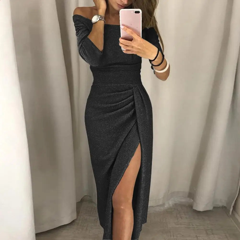 Shiny Vintage Translucent Women Dress Pleated Bodycon Dress Sexy High Waist Lady Split Evening Dresses Elegant Party Dress 240822