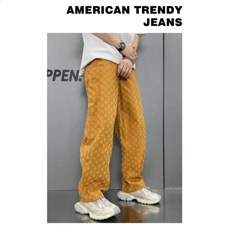Personalized Jacquard Pattern Jeans Mens Straight Loose Bottom Embossed Pumpkin Color Pants 240821