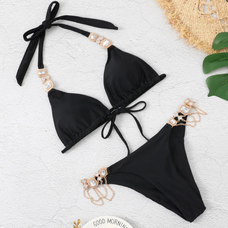 Sexy Womens Swimsuit With Rhinestones Solid Bikinis Female Swimwear Push Up Bikini Beachwear Swimming Bathing Suit Bather 240822