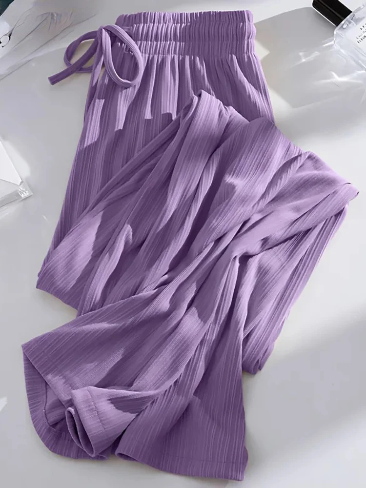 Purple Ice Silk Wide Leg Pants Womens Summer Thin Section Baggy Korean Style High Waist Straight Casual Trousers Y2k Clothes 240821