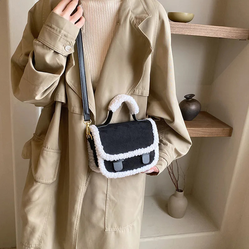 Small Tote Bag For Women VintageNubuck Leather Crossbody Bags er Lamb Wool Handbag Female Top Shoulder Bag Winter 240821
