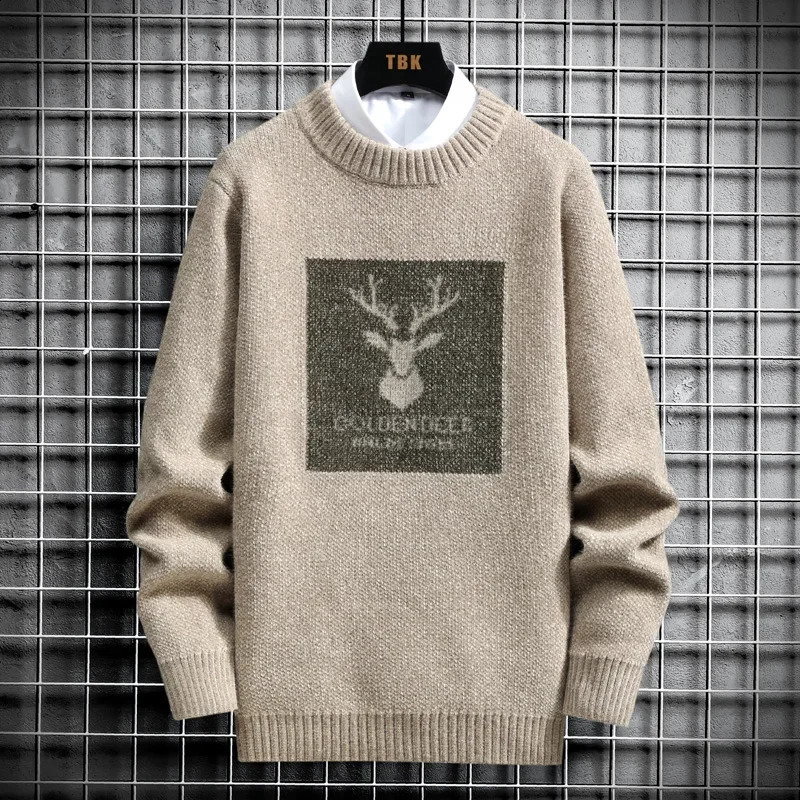 Autumn Vintage Sweaters Ugly Sweaters for Men Knitted Sweater Men Deer Print Pullover Harajuku White Padded Velvet Sweater 240821