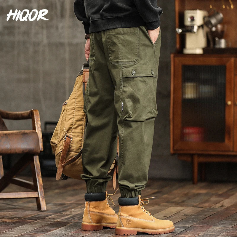 HIQOR Mens Clothing Large Pocket Loose Overalls Men Outdoor Sports Joggers Man Cargo Pants Cotton Casual Baggy Streetwear Male 240822