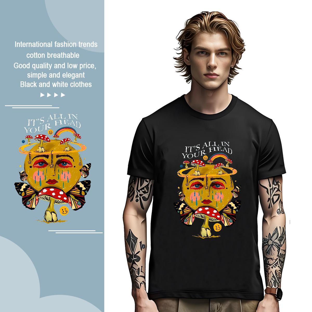 Customized mushroom Men Tops Tees 230g Pure Cotton T Shirt For Man Anime Outdoor Crew Neck Breathable Wholesale Polos