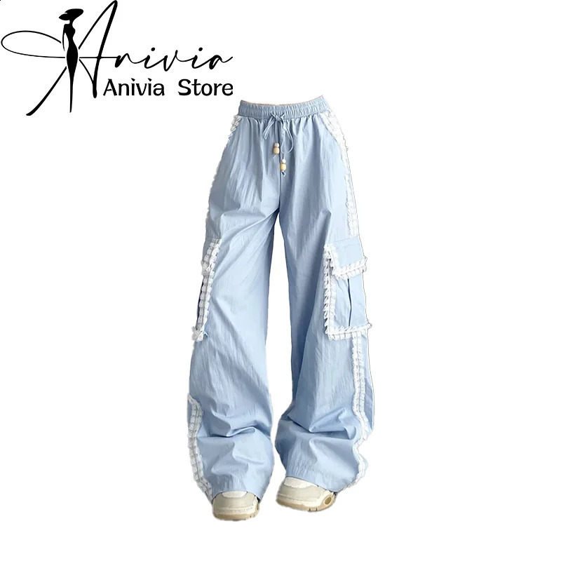 Womens Blue Cargo Pants Baggy Streetwear Harajuku Japanese 2000s Style Y2k Lace Parachute Pants Vintage Trousers Clothes 240821
