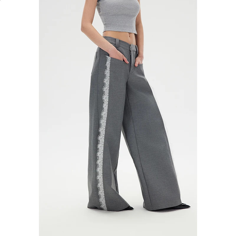Womens Grey Lace Patchwork Pants Y2k Vintage Harajuku Casual Fashion Pants 90s Aesthetic High Waist Trousers 2000s Clothes 240821