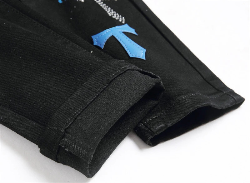 Mens jeans 3109 ripped patch black trend stretch slim legs personalized mens pants 240809