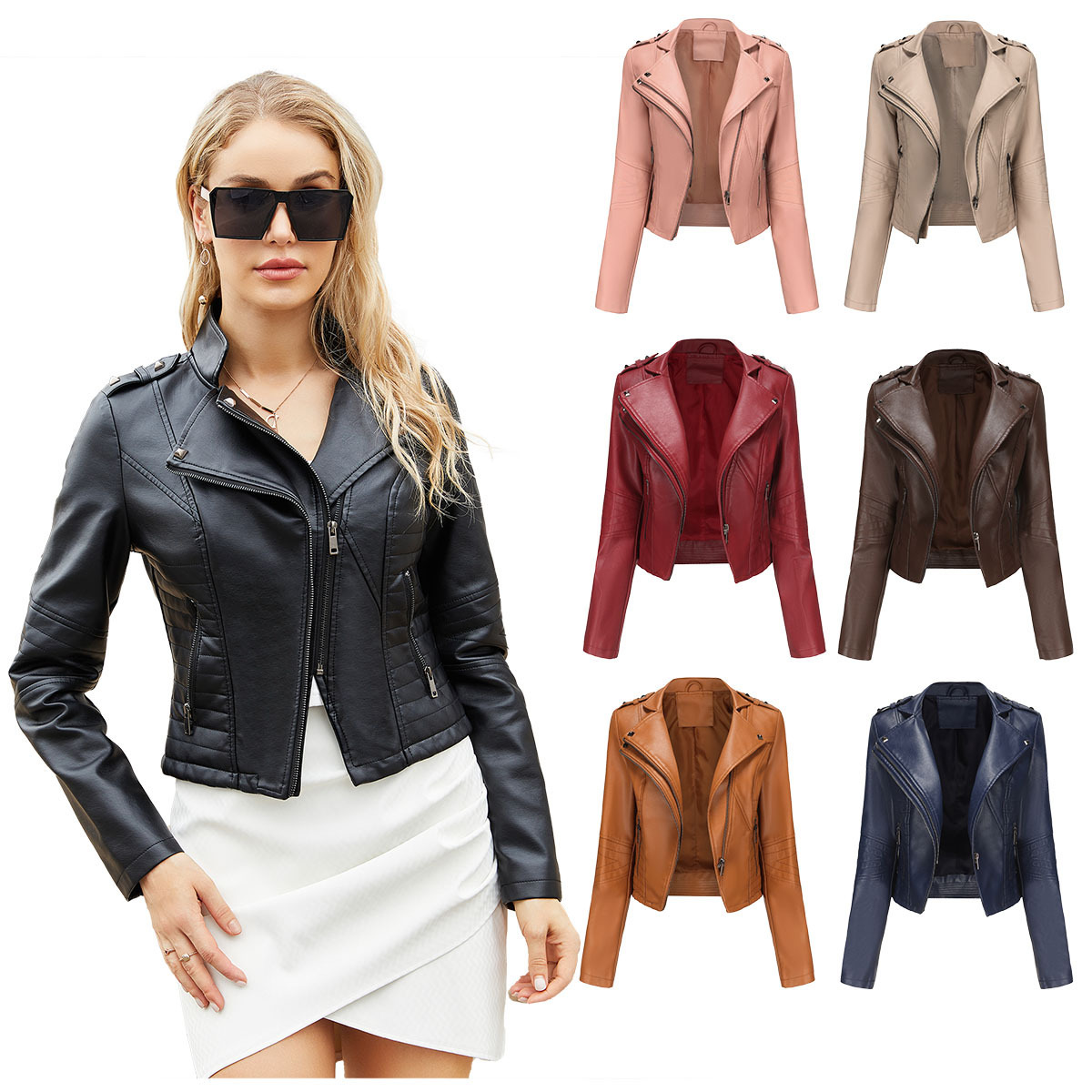 New Slim Fit Long Sleeved Spring and Autumn Leather Coat Womens Rivet Popular Short Coat Zipper Leather Jacket