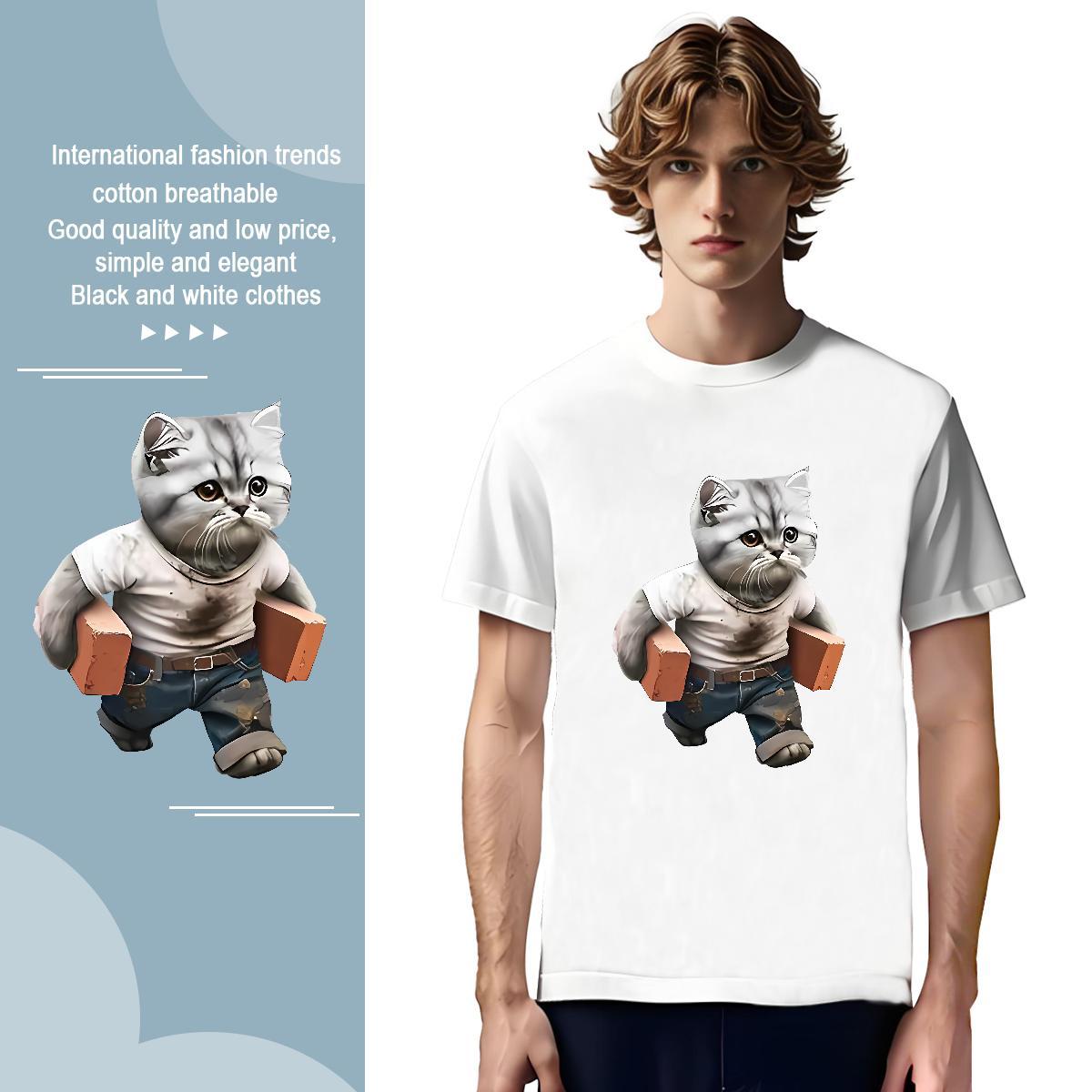 Cool T-Shirts for Men cat Breathable Crew Neck Sports Casual Custom Printed 230g Cotton Tshirts Brand Top Tees