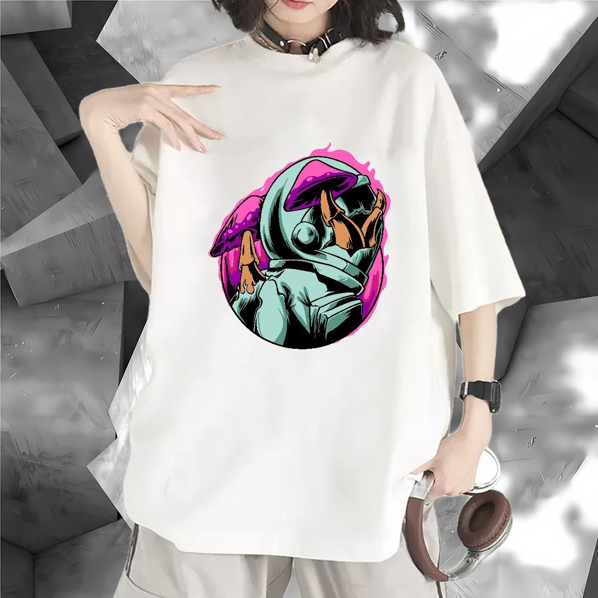 Soft Womens Tshirts 100% Cotton 230g spaceman Sport Women T Shirts Round Neck Short Sleeve DIY Anime Clothes Shirt