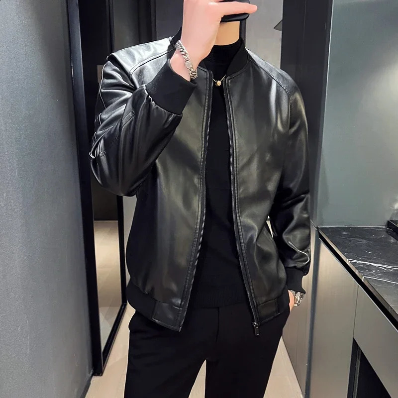 Mens PU Leather Jacket Fashion Baseball Collar Casual Jackets Solid Color Motorcycle Leather Outerwear Men 240822