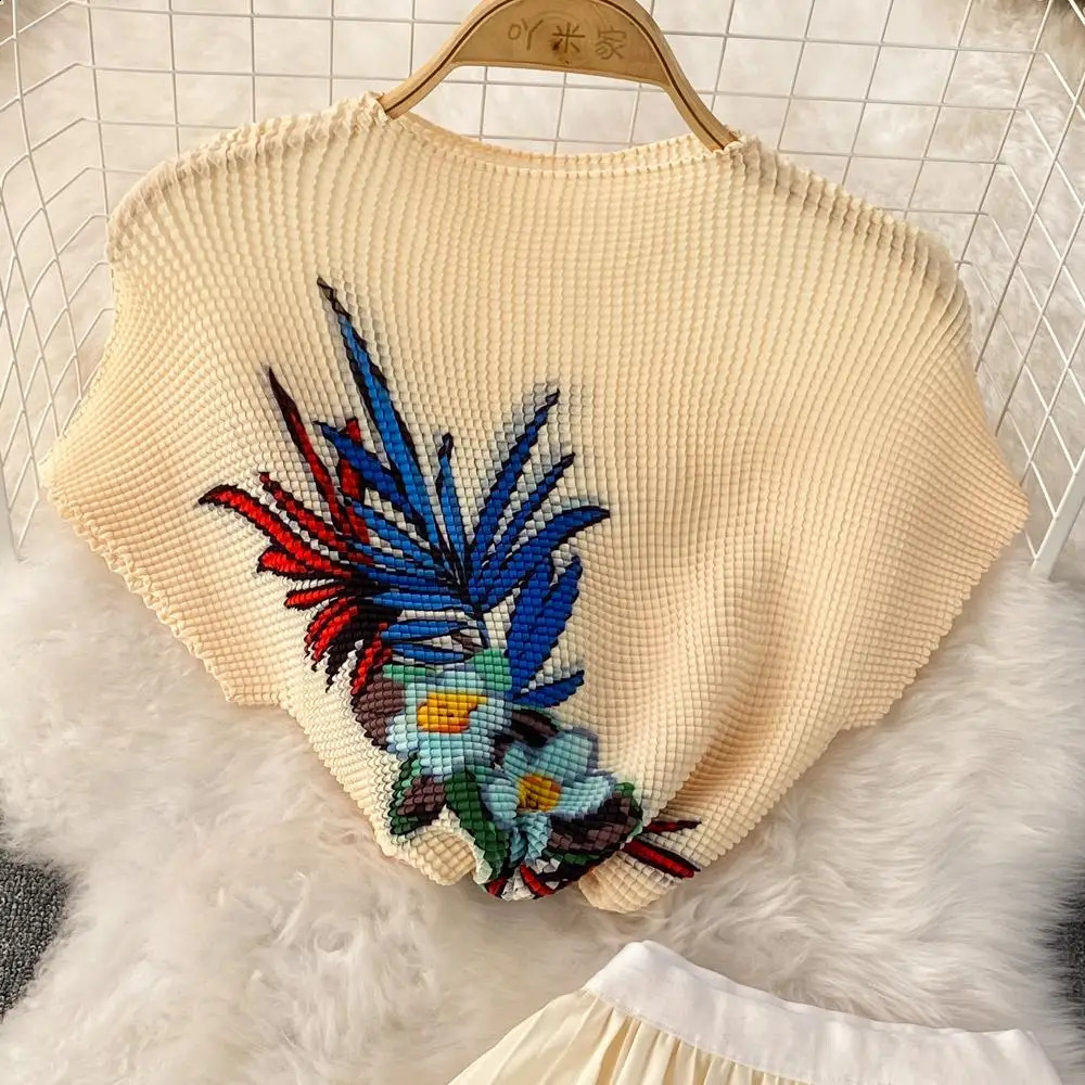 Miyake Pleated Suit for Women Summer Fashion Floral Printing Short Sleeve High Neck Top High Waist Skirt Two-Piece Set 240810