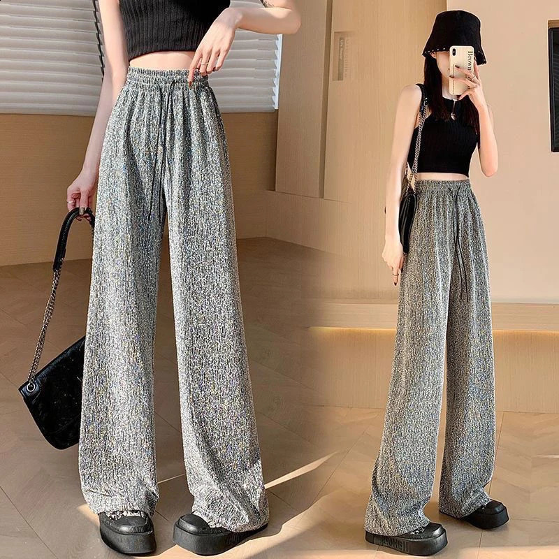 Casual and elegant retro bright diamond crystal wide leg pants Y2K womens pants party womens pants drawstring elastic waist 240821