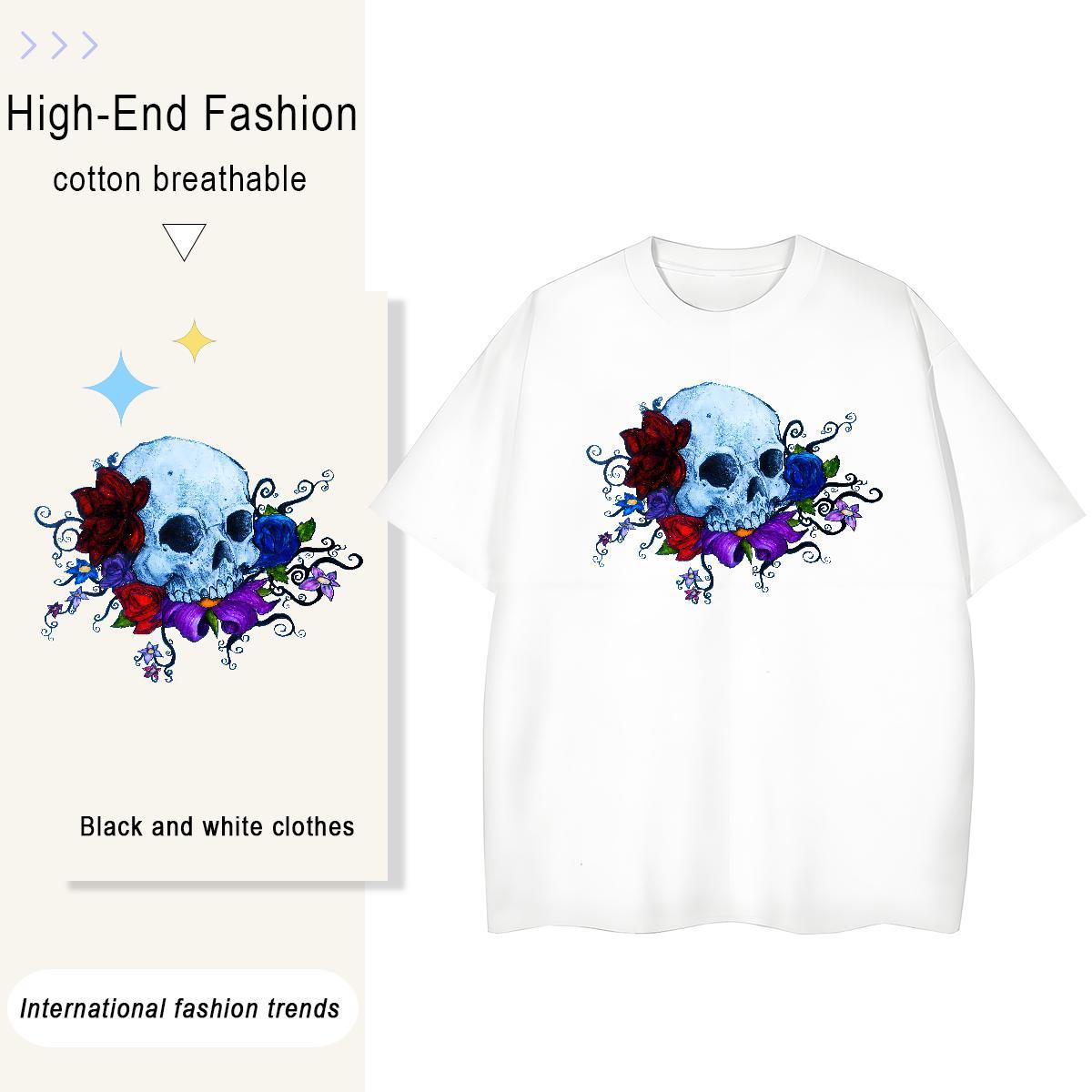 New Arrival Women T Shirts 230g Cotton Round Neck Short Sleeve Hip Hop Street rose Tshirt for Man Woman Loose fit DIY Anime Printed Tops Tees