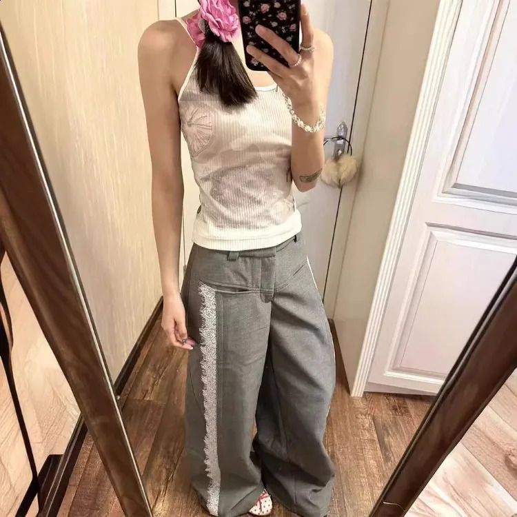 American Retro Sweet Gray Pants for Women Autumn Lace Patchwork Trousers Y2k High Waist Loose Wide Leg Pants 240821