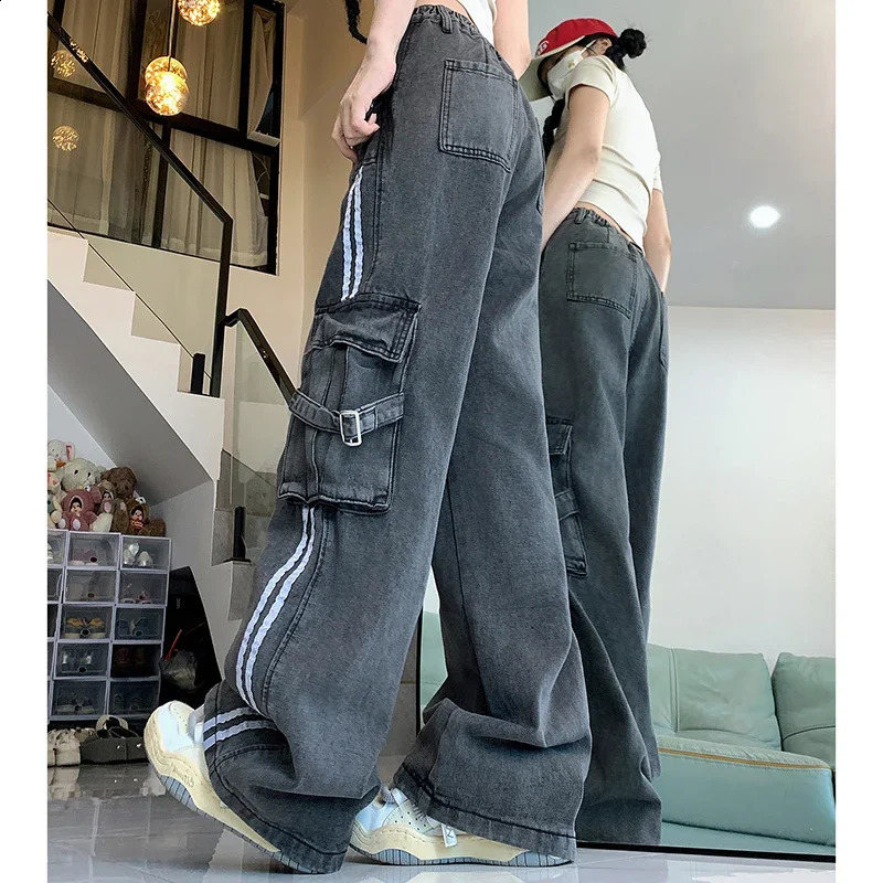 Women Vintage 90s Baggy High Waist Jeans Female Harajuku Denim Cargo Pants Lady Aesthetic Black Grey Blue Wide Leg Trousers 240822