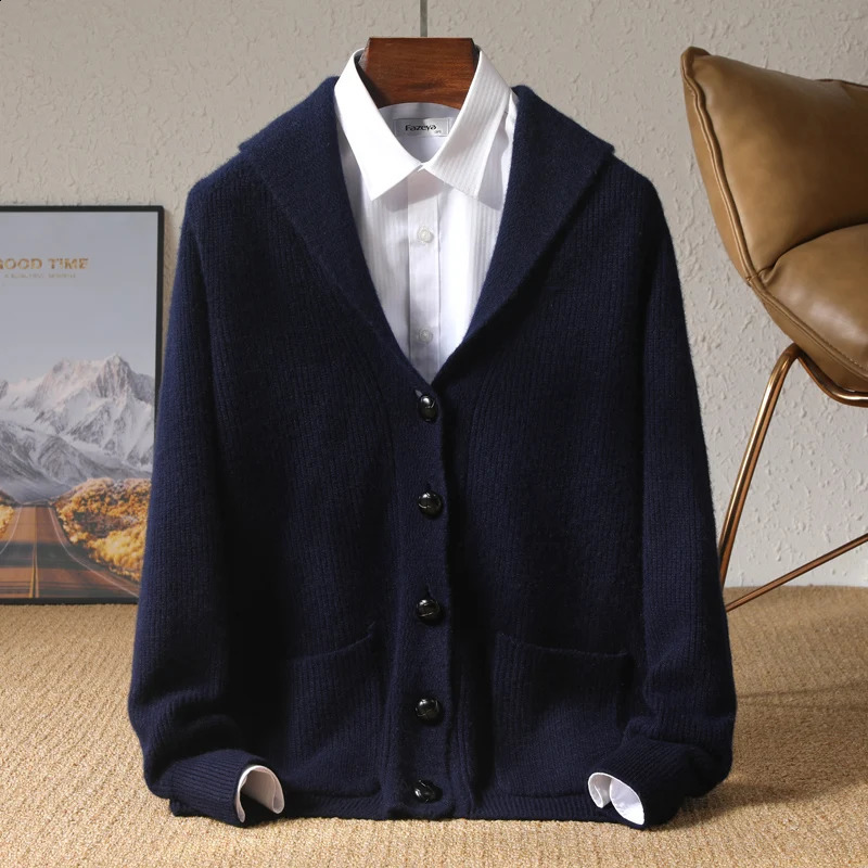 Autumn and winter 100% pure cashmere knit cardigan mens anti-collar solid color padded sweater with business and leisure co 240821