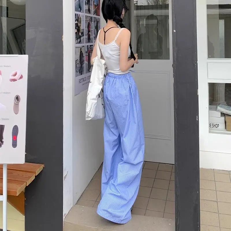 QWEEK Blue Stripe Wide Leg Pants Korean Style Thin High Waist Trousers Loose Casual Pantalones Summer Y2k Clothing 240821