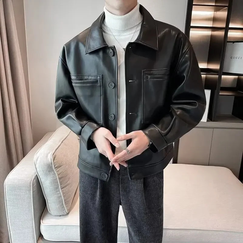 Autumn/winter Faux Leather Jacket For Men Trendy Korean Style Cropped Versatile Lapel Jacket Casual Scene Regular Type 240822