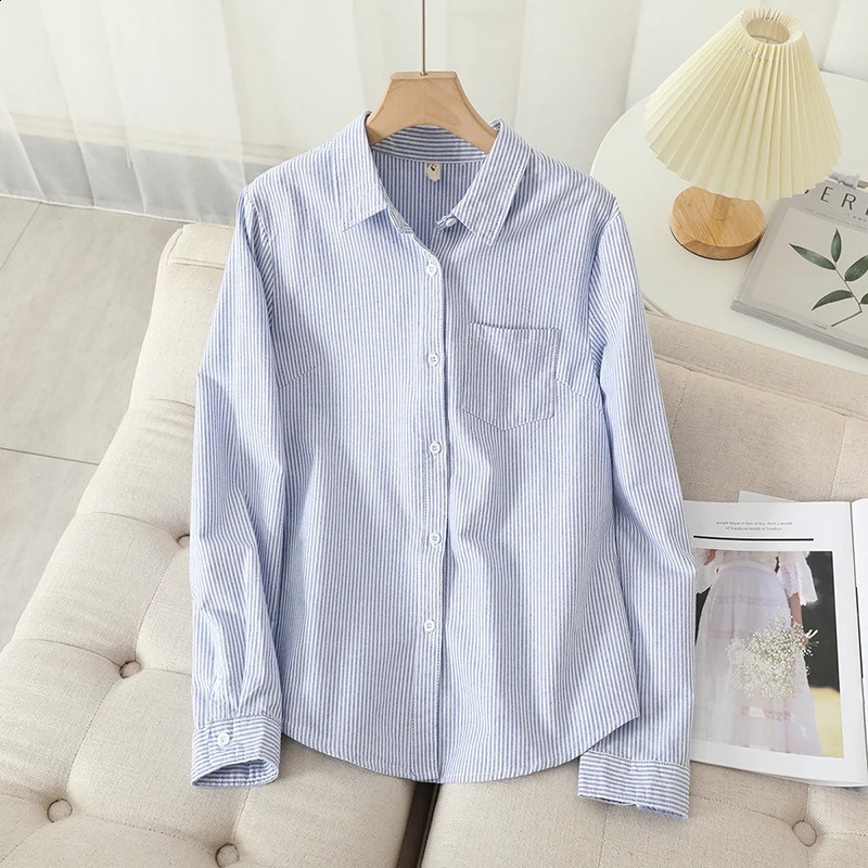 Casual Cotton Womens Oxford Shirt Autumn Good Quality Woman Blouse And Tops Lady White Blue Striped Shirts Clothes 24