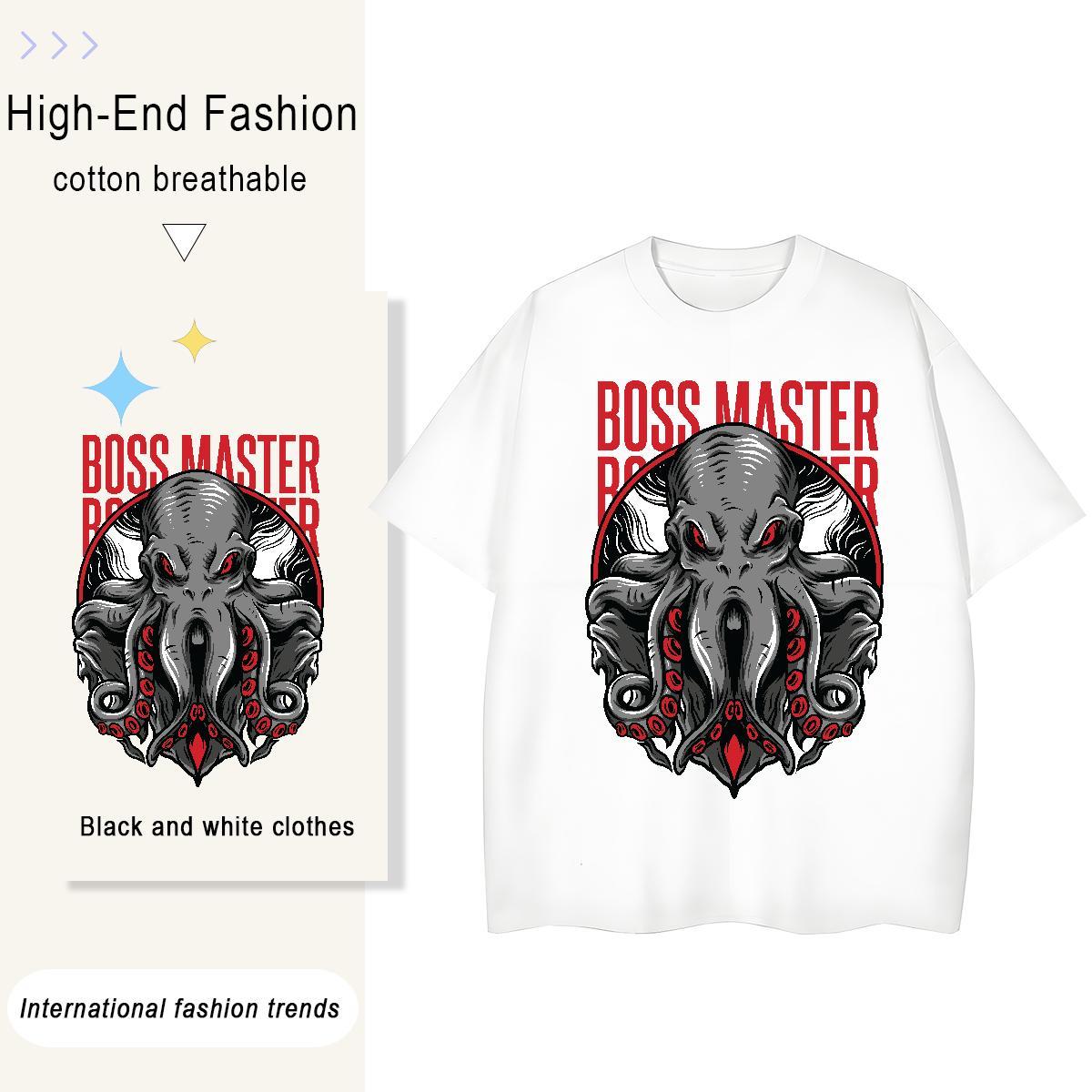 Popular Men Tshirts Beach 230g Pure Cotton Black White Crew Neck Breathable Terror octopus Mens T Shirts 2024 Tops Shirt