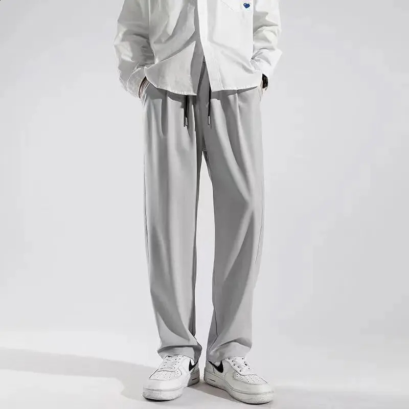 Summer Fashion Thin Ice Silk Loose Straight Pants Men Solid Elastic Waist Drawstring Pocket Casual Ventilate Wide Leg Trousers 240822
