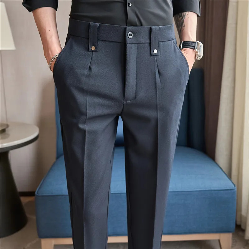 Mens set pants 2024 spring British style elastic waist solid casual formal dress pants ultra-thin slim fit mens clothing 240822