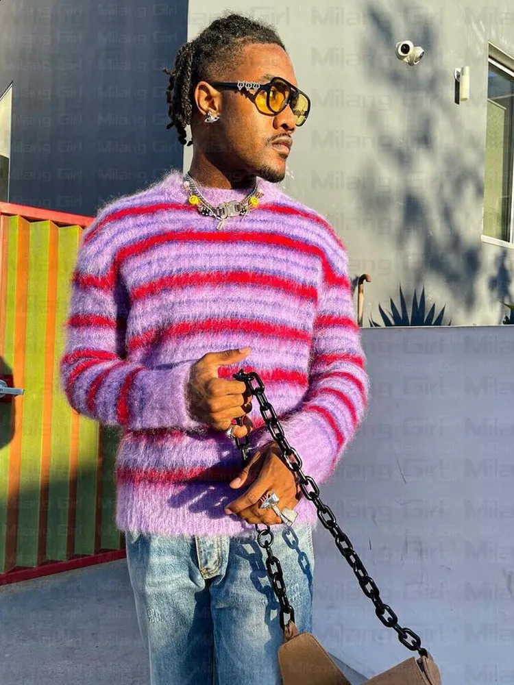 Y2k Purple Striped Japanese Mens Sweater Hip Hop Warm Street Clothing Harajuku La Hua Autumn Womens Extra Large Knitted 240821