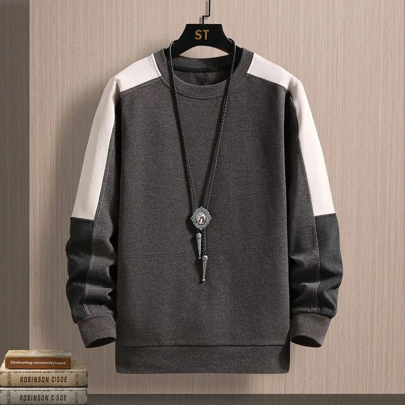 Autumn Fashion Korean Edition Patch Work Color Match Round Neck Loose and Versatile Handsome Young Long Sleeve Sweater 240821