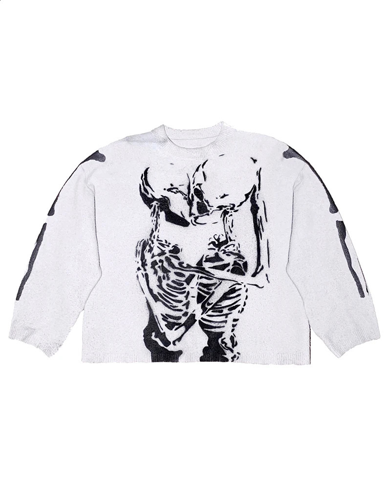 Mens Pullover Sweater Autumn and Winter Skeleton Fashion Casual Loose Thick O-neck Gothic Knit Harajuku Street Knit Sweater 240821
