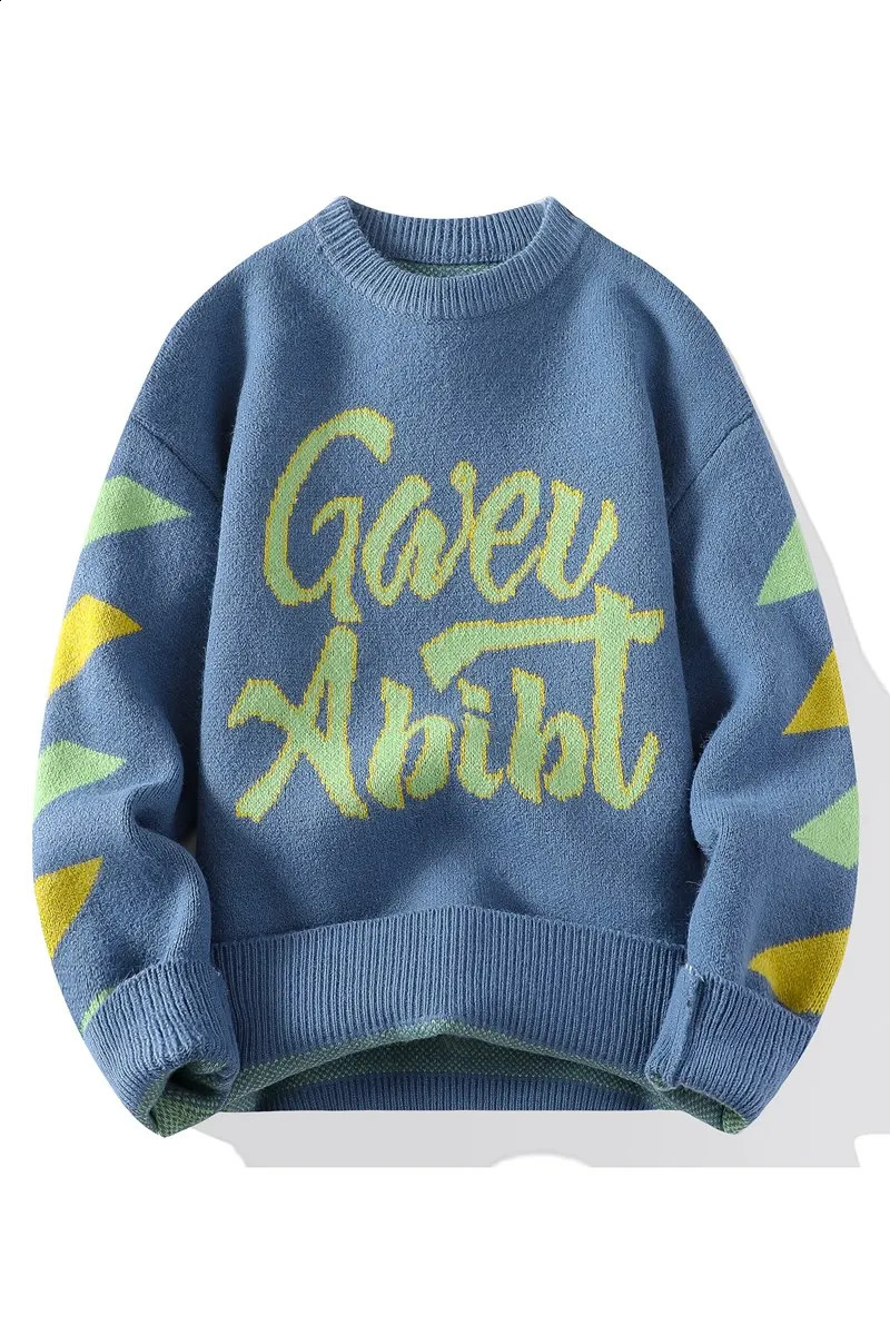 Sweater mens knitted letter printed sweater wool latte art retro color block top 240821