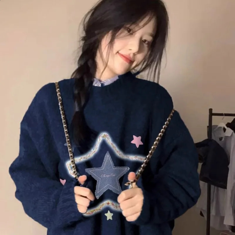 Deeptown Y2k Harajuku Knitted Sweater Womens Korean Fashion Winter ONeck Kawaii Jumper Retro Preparatory Extra Large Pulling Aesthetics 240821